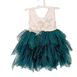 Think Pink Bows Girls Lace Tulle Ruffle Dress Teal Party Special Occasion 3T NWT